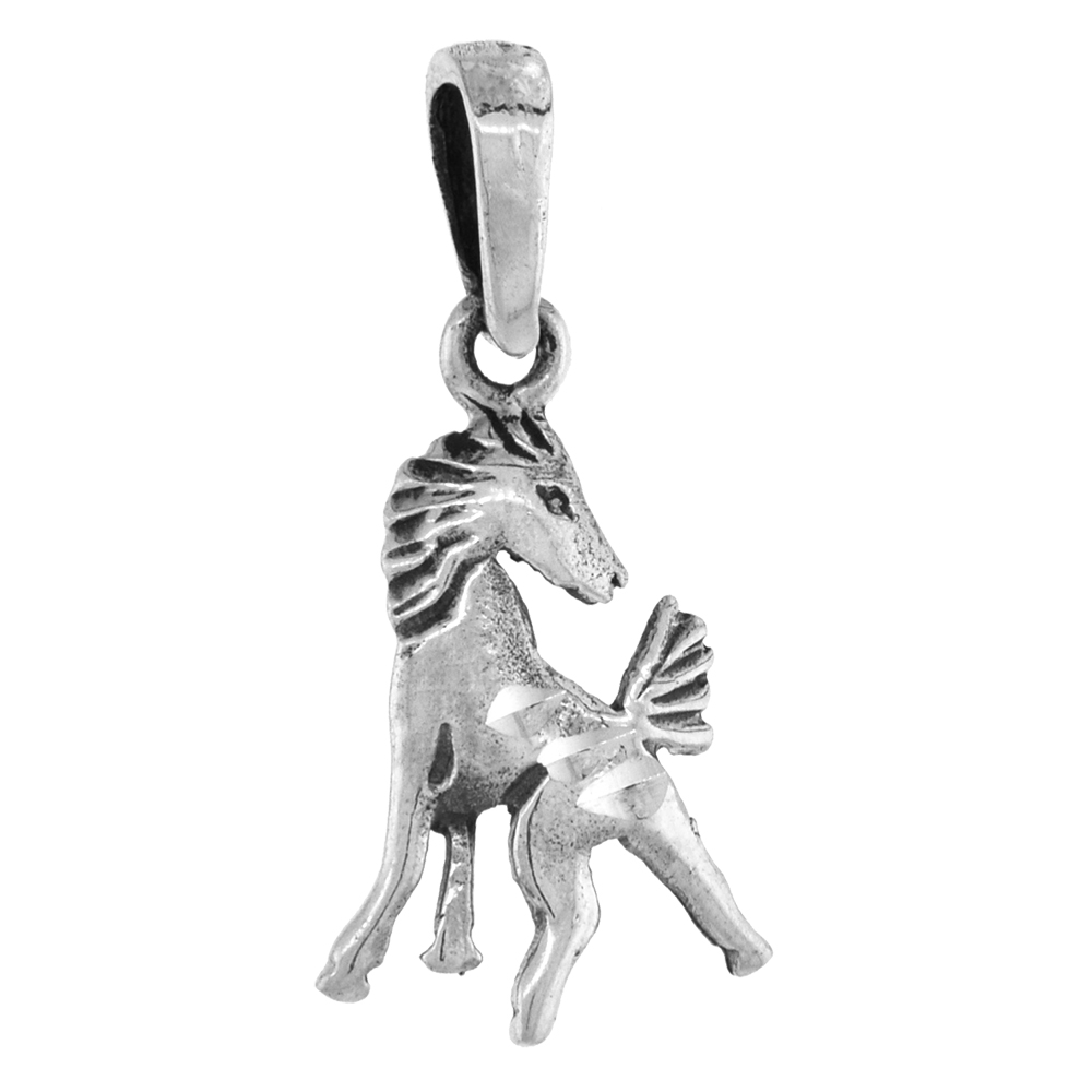 1 INCH STERLING SILVER TURNING HEAD HORSE PENDANT DIAMOND-CUT OXIDIZED FINISH NO CHAIN