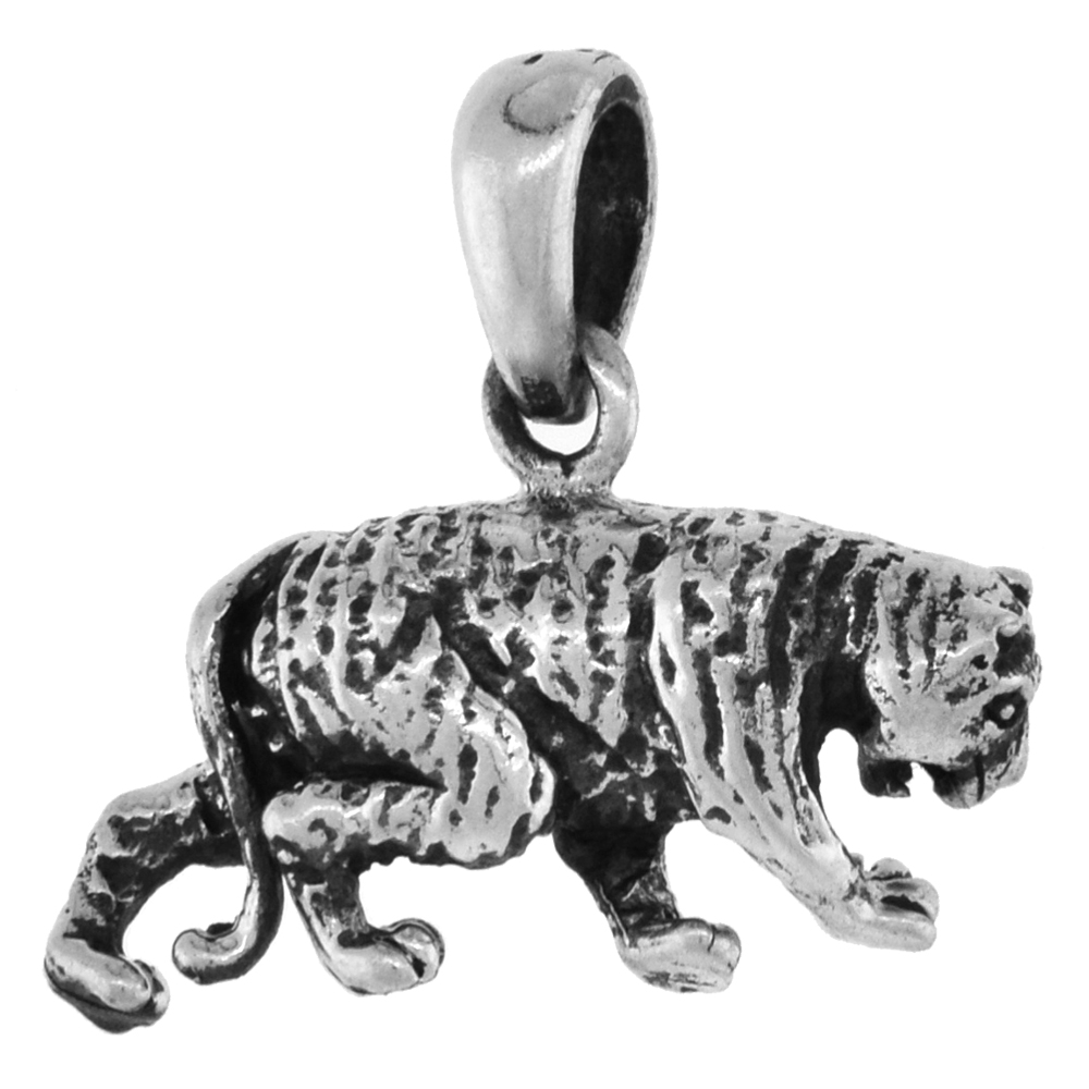 Small 3/4 inch Sterling Silver Tiger Pendant for Women Diamond-Cut Oxidized finish NO Chain