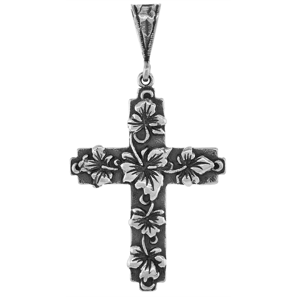 1 5/8 INCH STERLING SILVER ROSE OF SHARON CROSS FOR MEN AND WOMEN DIAMOND-CUT OXIDIZED FINISH NO CHAIN