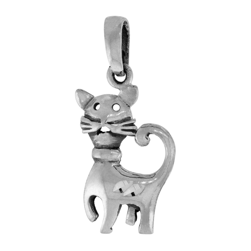 1 1/8 INCH STERLING SILVER CAT WITH WHISKERS PENDANT DIAMOND-CUT OXIDIZED FINISH NO CHAIN