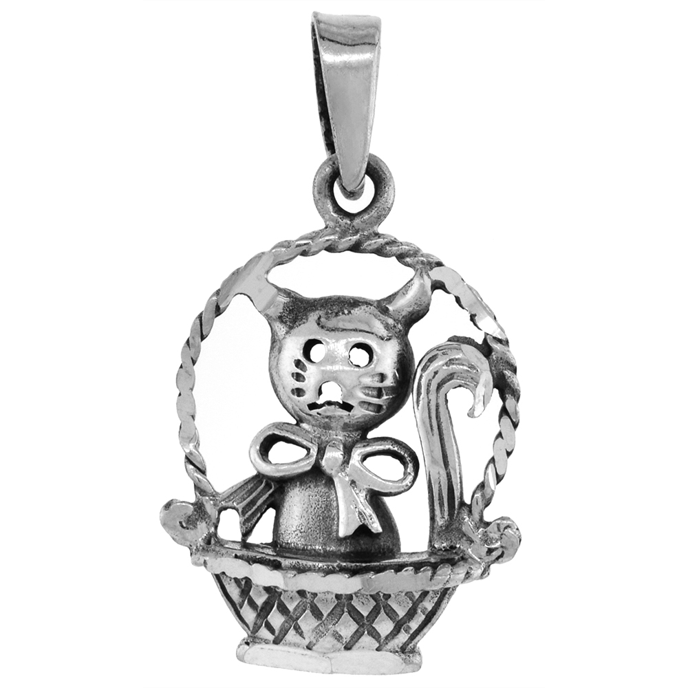 1 3/8 INCH STERLING SILVER CAT IN BASKET PENDANT DIAMOND-CUT OXIDIZED FINISH NO CHAIN