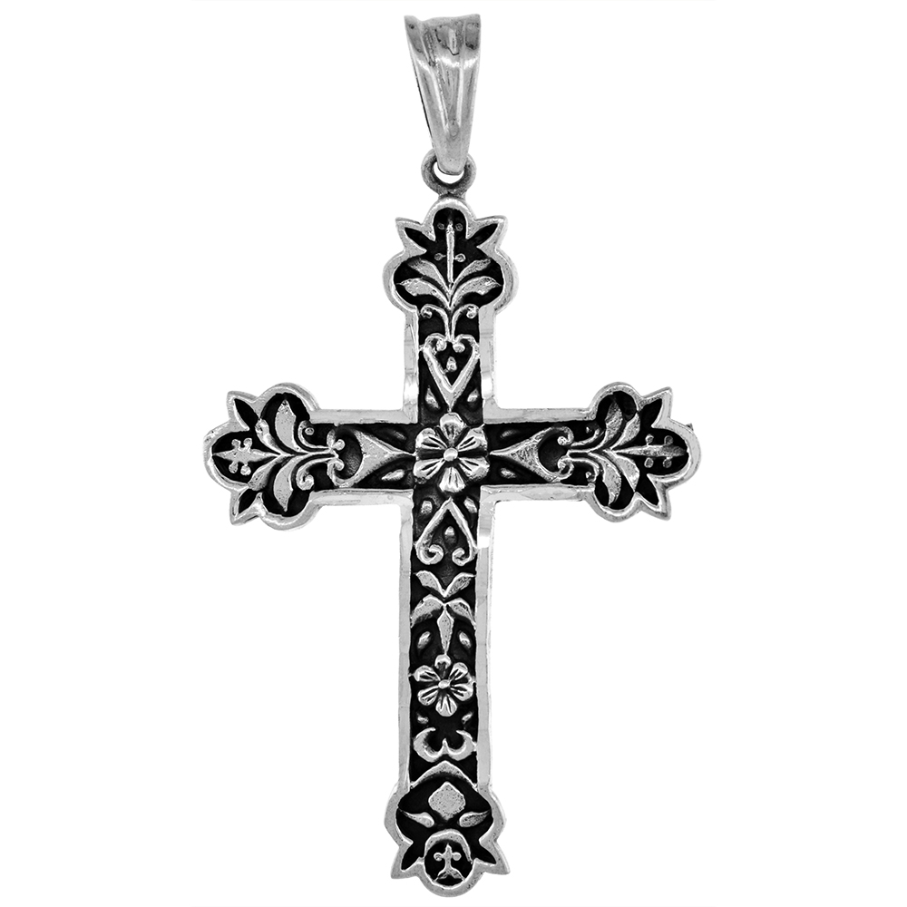LARGE 2.0 INCH STERLING SILVER FLORAL CROSS PENDANT FOR MEN AND WOMEN DIAMOND-CUT OXIDIZED FINISH NO CHAIN