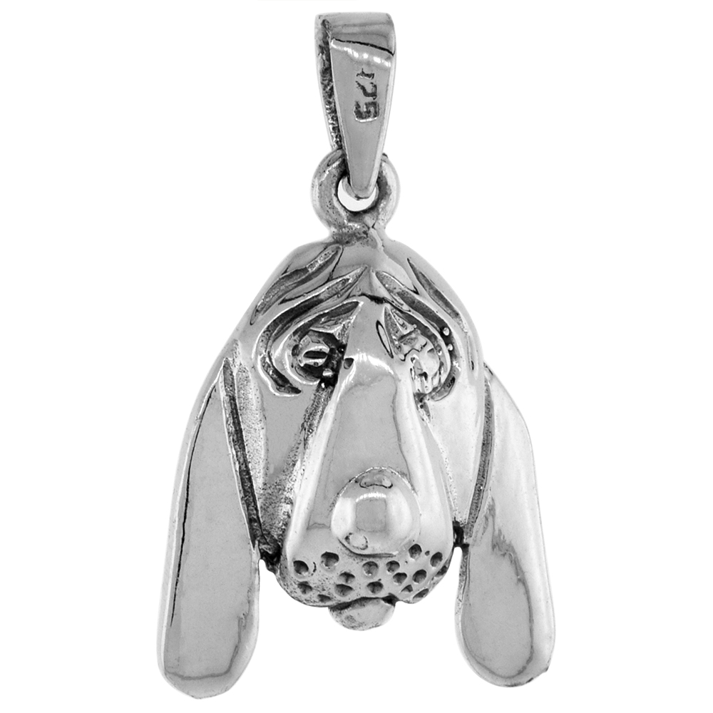 1 1/8 INCH STERLING SILVER BASSET HOUND DOG HEAD PENDANT DIAMOND-CUT OXIDIZED FINISH NO CHAIN