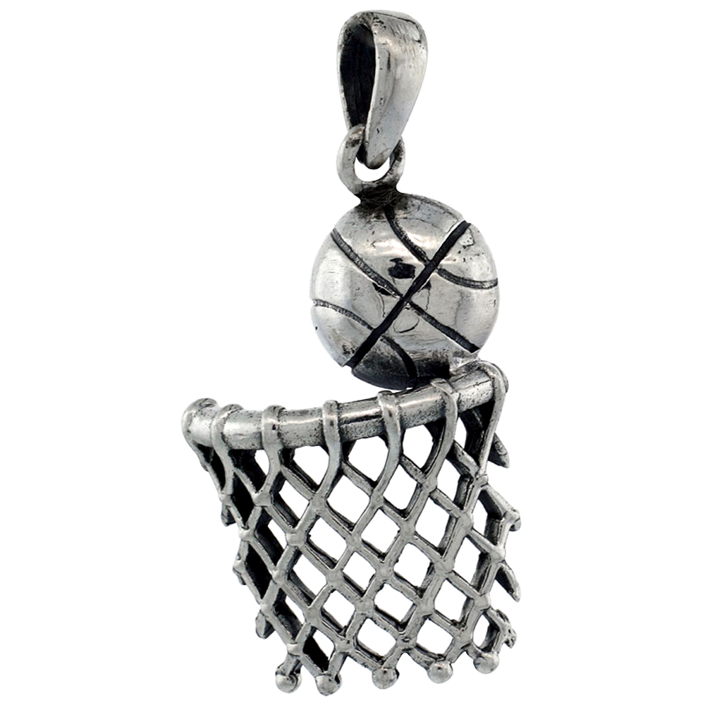 STERLING SILVER BASKETBALL & BASKET PENDANT 1 1/8 INCH TALL
