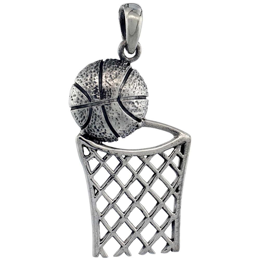 STERLING SILVER BASKETBALL & BASKET PENDANT 1 3/8 INCH TALL