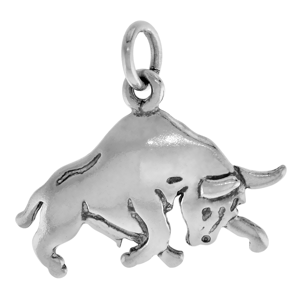 1 INCH STERLING SILVER CHARGING BULL PENDANT DIAMOND-CUT OXIDIZED FINISH NO CHAIN