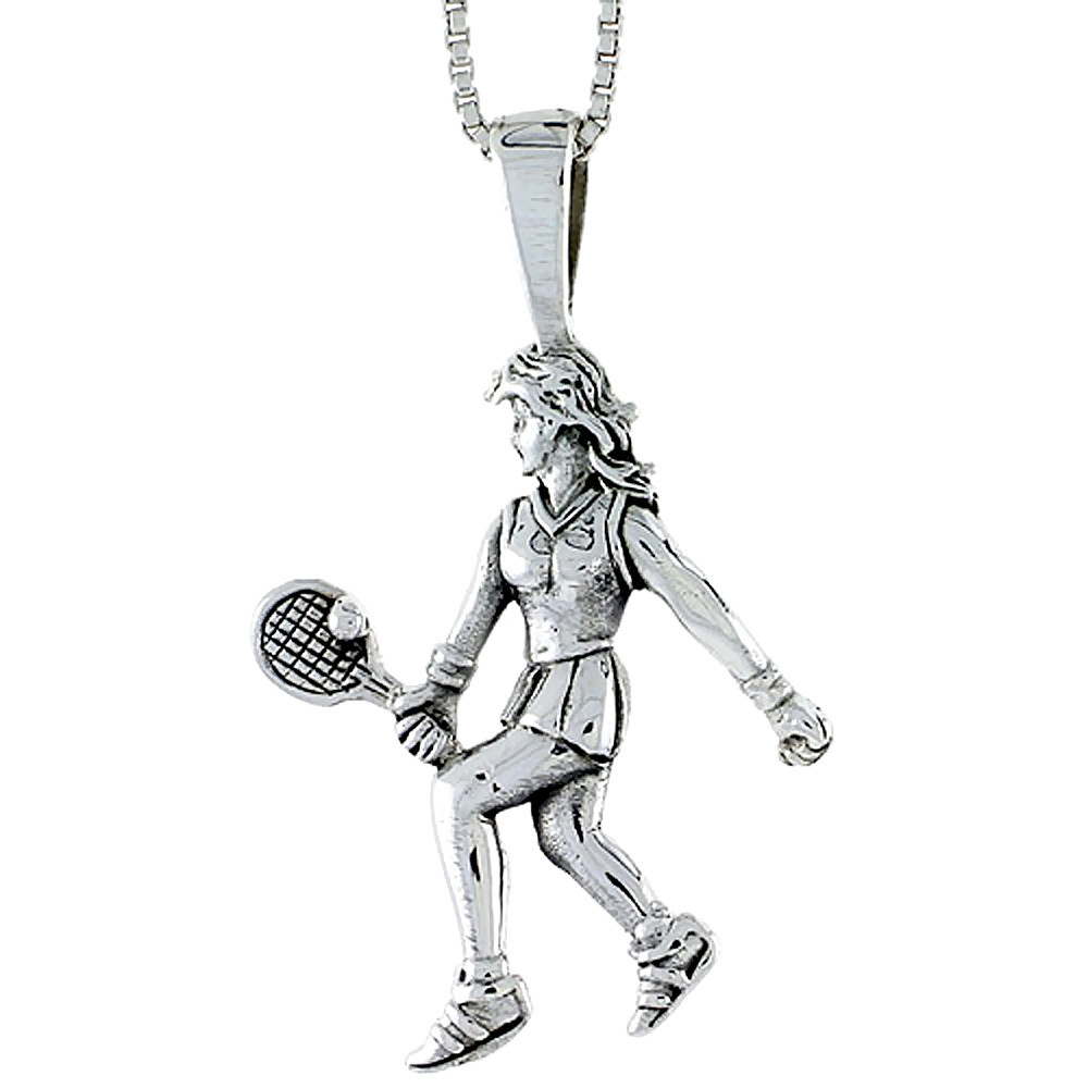 STERLING SILVER WOMAN TENNIS PLAYER PENDANT 1 1/8 TALL