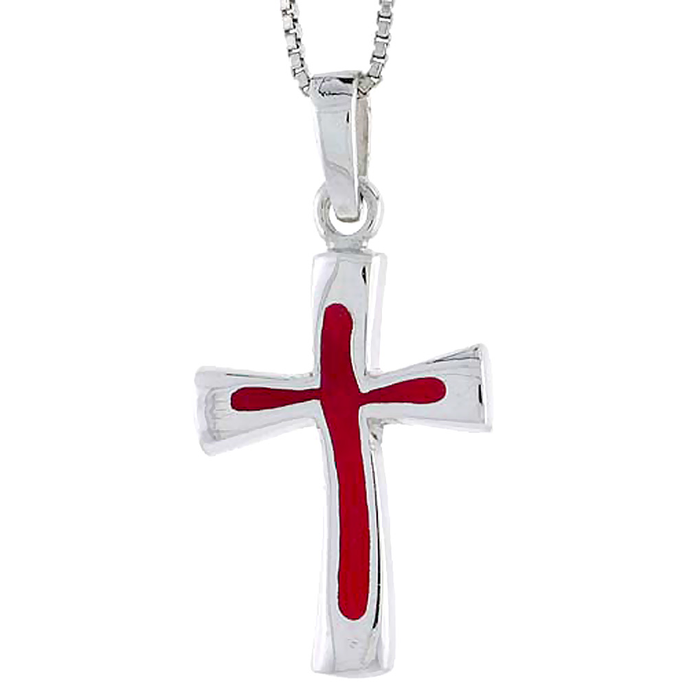 STERLING SILVER CROSS W/ RED ENAMEL 1 INCH TALL
