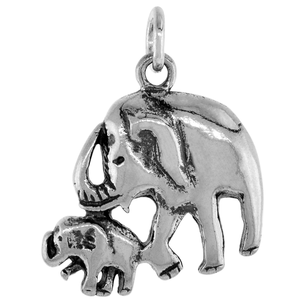 1 1/4 INCH STERLING SILVER MOTHER ELEPHANT PENDANT DIAMOND-CUT OXIDIZED FINISH NO CHAIN