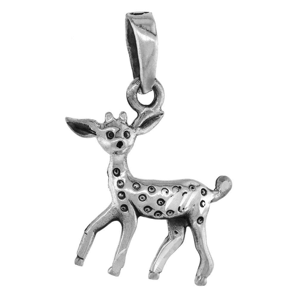 1 1/8 INCH STERLING SILVER DEER FAWN PENDANT DIAMOND-CUT OXIDIZED FINISH NO CHAIN