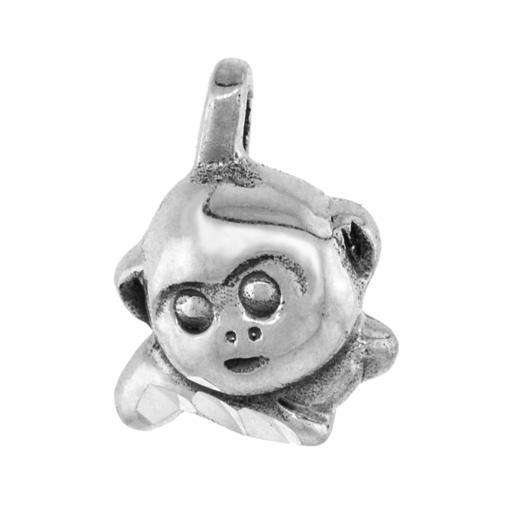 TINY 5/8 INCH STERLING SILVER MONKEY FACE PENDANT FOR WOMEN DIAMOND-CUT OXIDIZED FINISH NO CHAIN