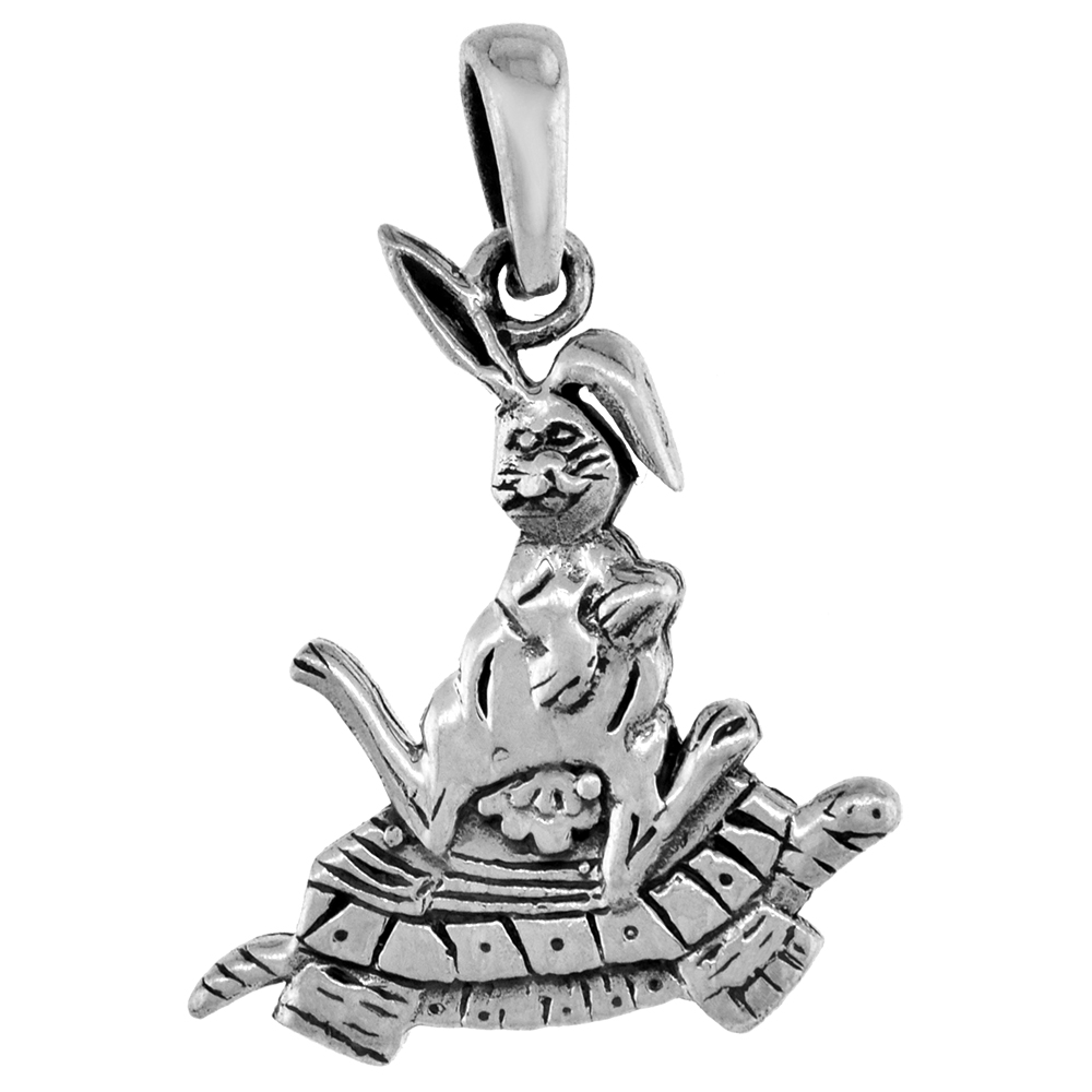 1 1/4 INCH STERLING SILVER RABBIT SITTING ON TURTLE PENDANT 3-D DIAMOND-CUT OXIDIZED FINISH NO CHAIN