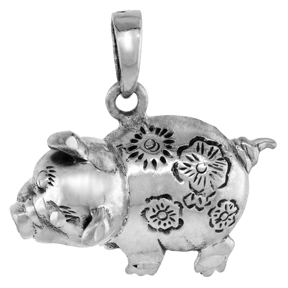 1 1/8 INCH STERLING SILVER PIGGY PENDANT DIAMOND-CUT OXIDIZED FINISH NO CHAIN