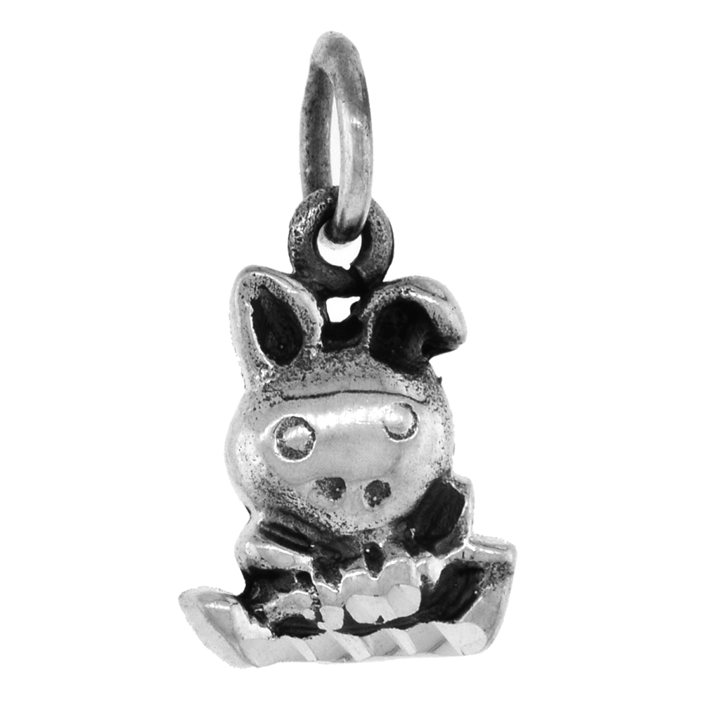 SMALL 3/4 INCH STERLING SILVER BUNNY PENDANT FOR WOMEN DIAMOND-CUT OXIDIZED FINISH NO CHAIN (NO CHAIN)