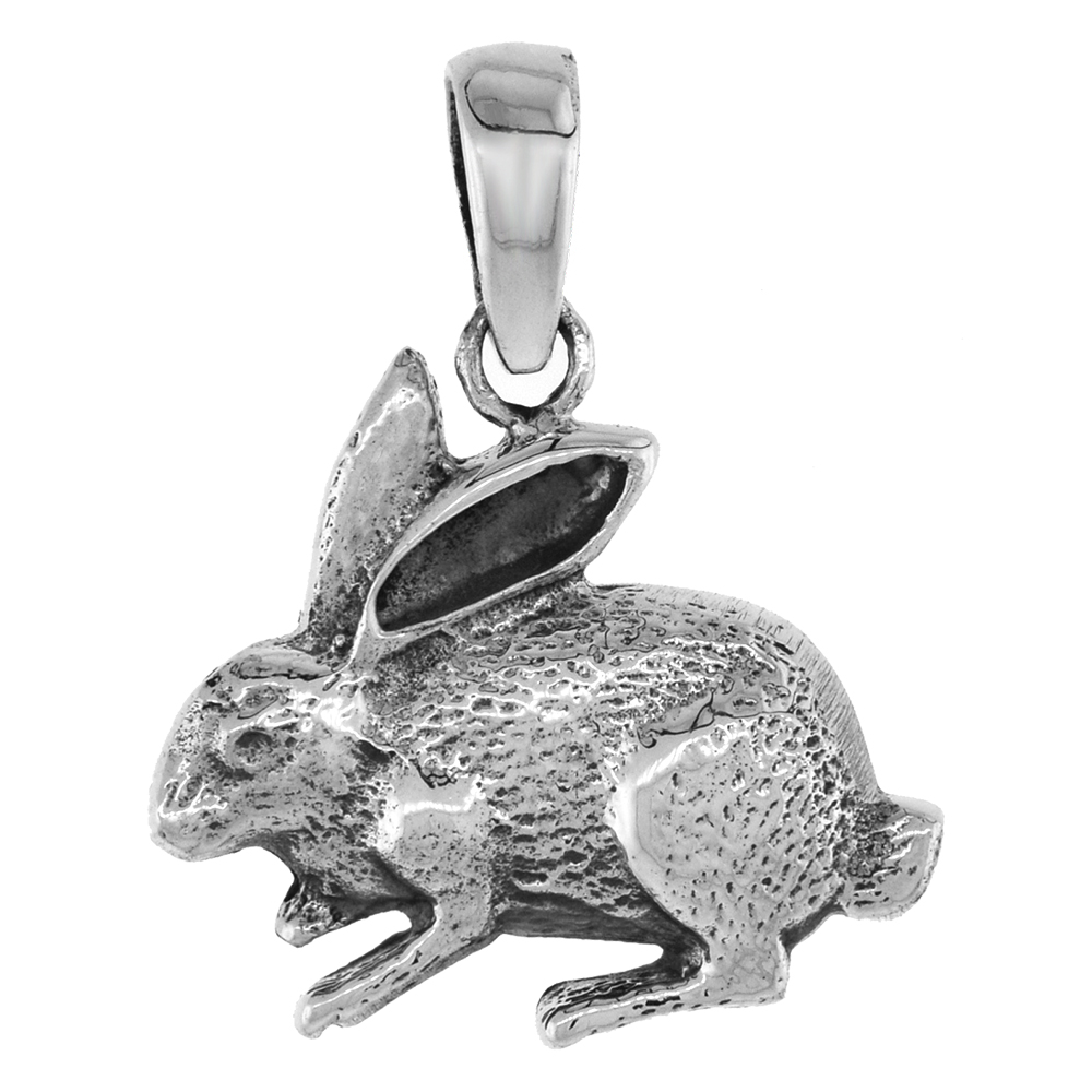 1 INCH STERLING SILVER SITTING RABBIT PENDANT DIAMOND-CUT OXIDIZED FINISH NO CHAIN