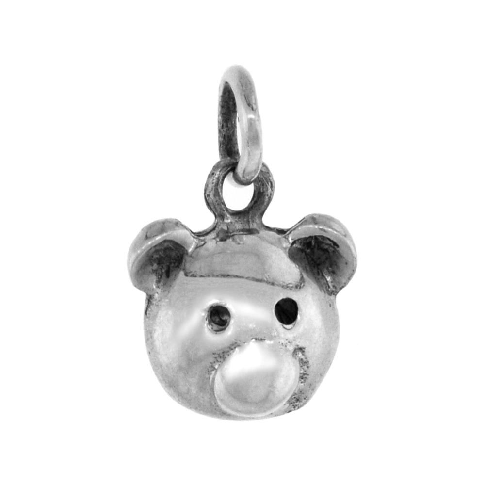 Tiny 1/2 inch Sterling Silver Teddy Bear Head Pendant for Women Diamond-Cut Oxidized finish NO Chain