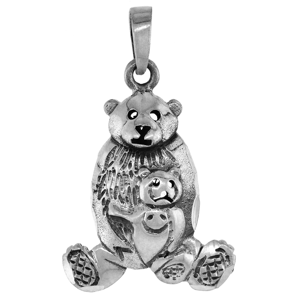 1 3/8 INCH STERLING SILVER MOMMY BEAR AND CUB PENDANT FOR WOMEN DIAMOND-CUT OXIDIZED FINISH NO CHAIN (NO CHAIN)