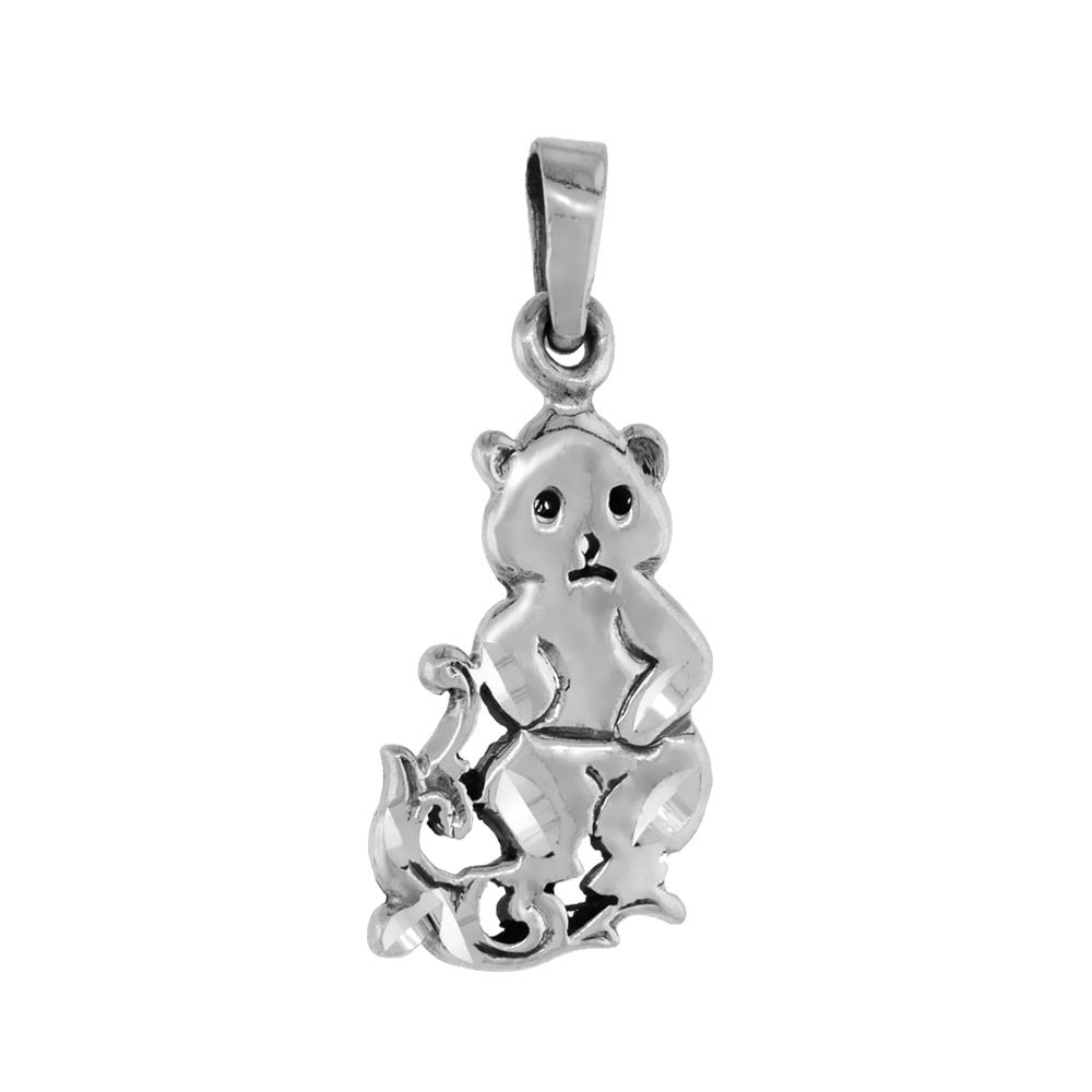 1 3/8 INCH STERLING SILVER STANDING TEDDY BEAR PENDANT FOR WOMEN DIAMOND-CUT OXIDIZED FINISH NO CHAIN