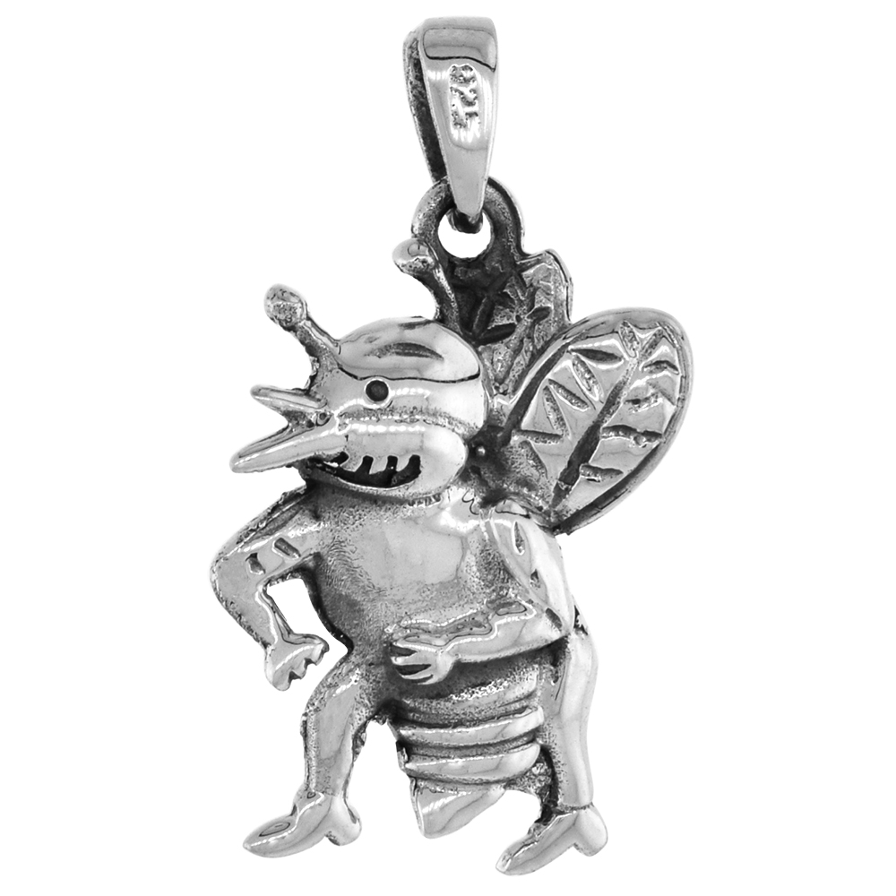 1 1/2 INCH STERLING SILVER TOUGH FIGHTING BEE PENDANT DIAMOND-CUT OXIDIZED FINISH NO CHAIN