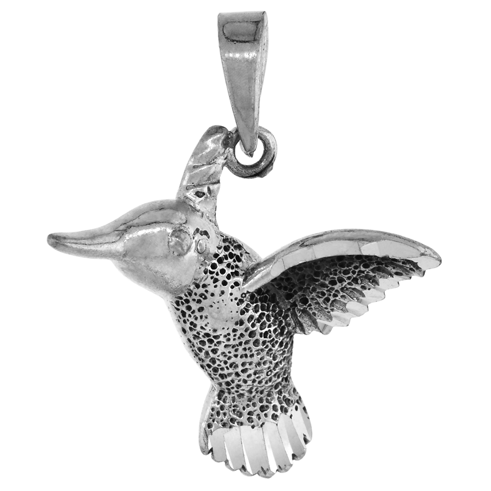 1 1/8 INCH STERLING SILVER HUMMINGBIRD PENDANT DIAMOND-CUT OXIDIZED FINISH NO CHAIN (NO CHAIN)