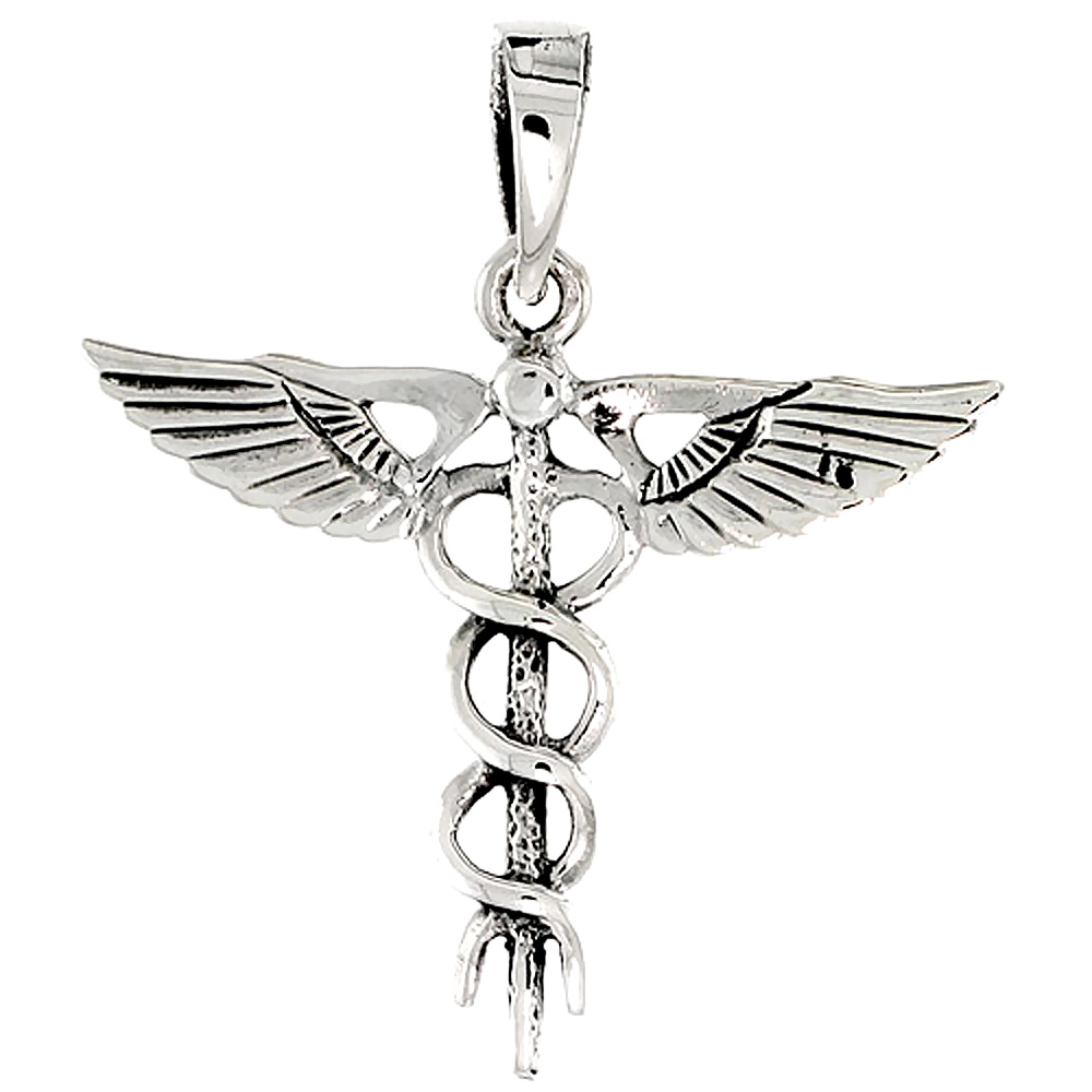 STERLING SILVER CADUCEUS MEDICAL INSIGNIA CHARM 1 1/8 INCH TALL