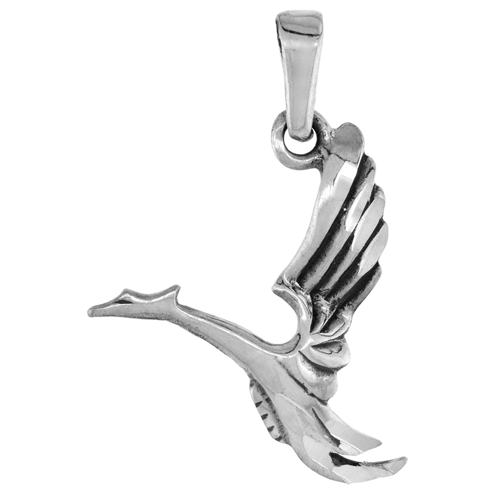 1 1/4 INCH STERLING SILVER FLYING PHOENIX PENDANT DIAMOND-CUT OXIDIZED FINISH NO CHAIN