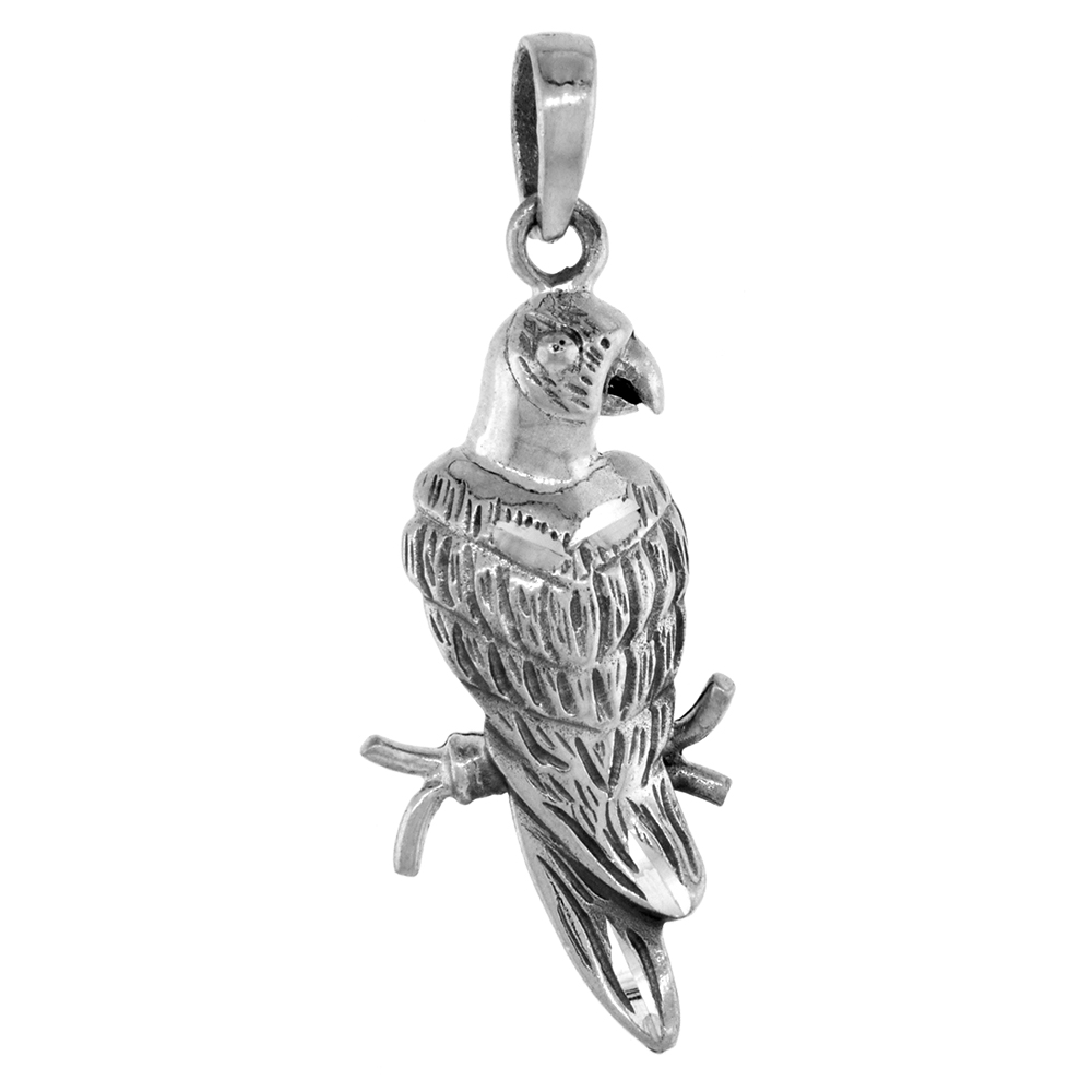 1 5/8 INCH STERLING SILVER PERCHING PARROT PENDANT DIAMOND-CUT OXIDIZED FINISH NO CHAIN
