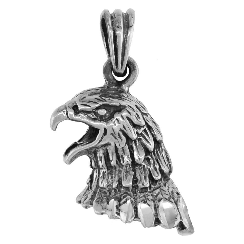 1 INCH STERLING SILVER EAGLE HEAD PENDANT DIAMOND-CUT OXIDIZED FINISH NO CHAIN