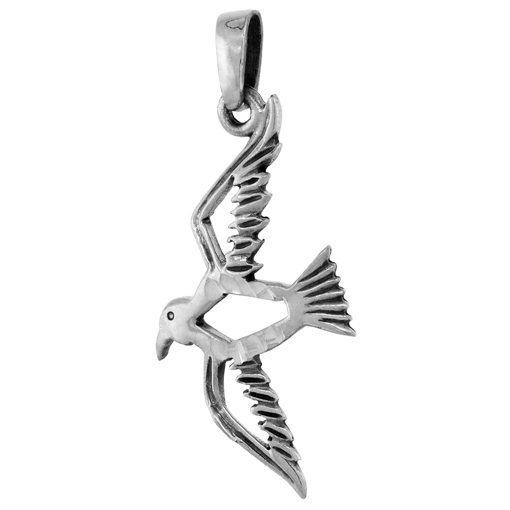 1 1/2 INCH STERLING SILVER FLYING OPEN SPARROW PENDANT DIAMOND-CUT OXIDIZED FINISH NO CHAIN