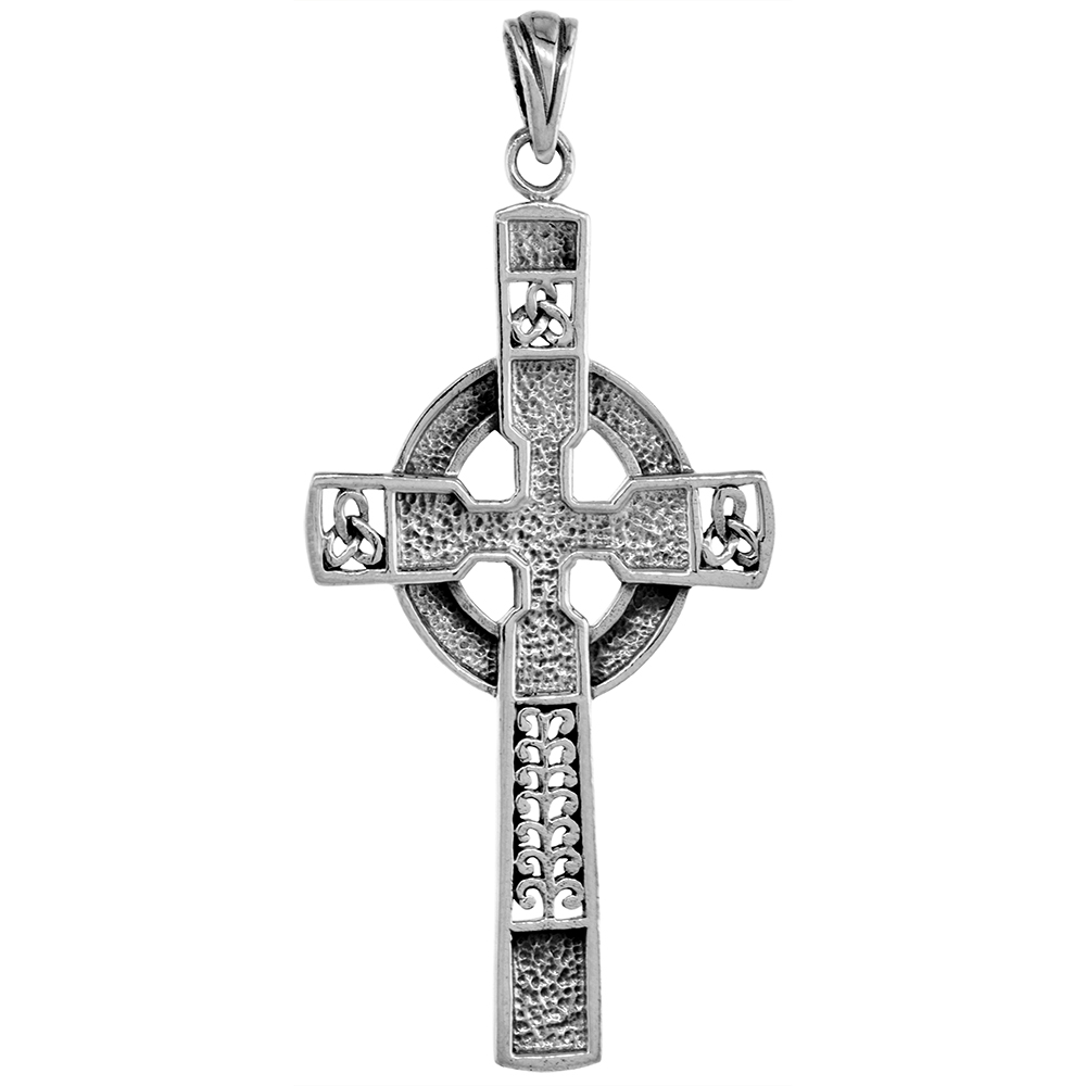 LARGE 2 1/4 INCH STERLING SILVER CELTIC CROSS PENDANT HIGH CROSS FOR MEN DIAMOND-CUT OXIDIZED FINISH NO CHAIN