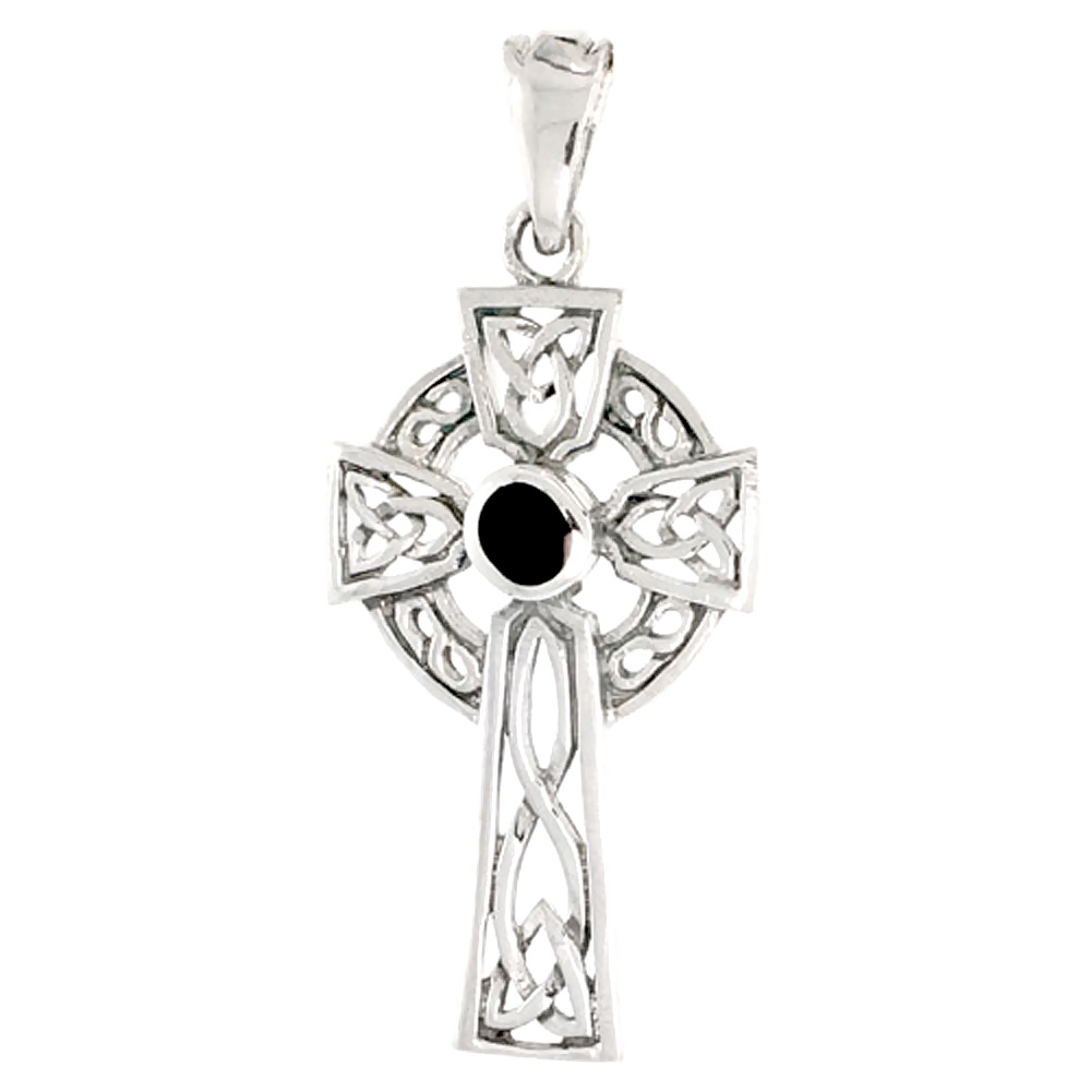 STERLING SILVER JET STONE KELLY CELTIC CROSS CHARM PENDANT FOR MEN 1 1/2 INCH