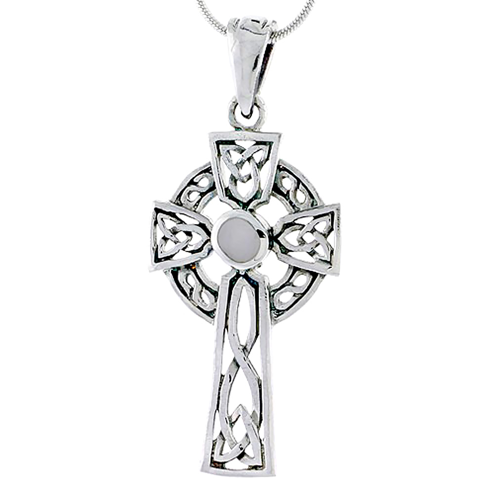 STERLING SILVER MOTHER OF PEARL KELLY CELTIC CROSS CHARM PENDANT FOR MEN 1 1/2 INCH