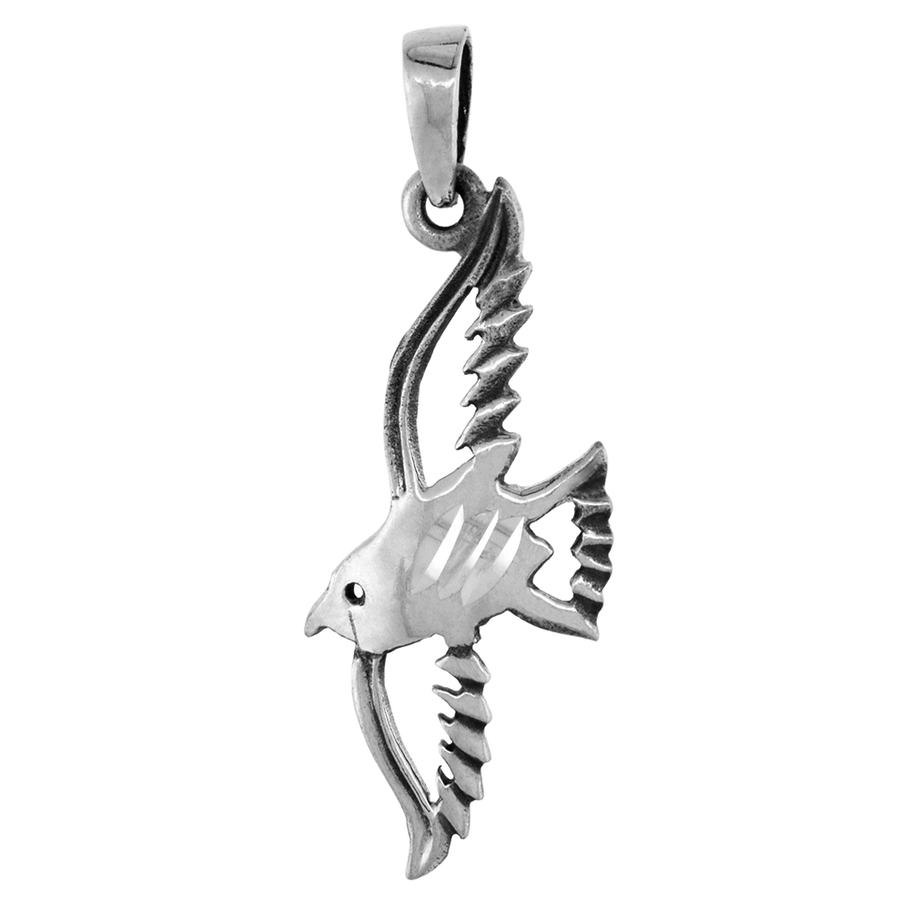 1 1/2 INCH STERLING SILVER FLYING SPARROW PENDANT DIAMOND-CUT OXIDIZED FINISH NO CHAIN