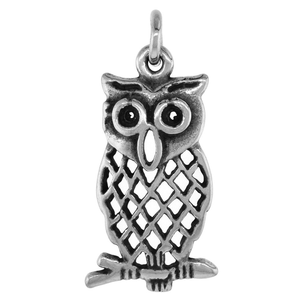 1 3/8 INCH STERLING SILVER PERCHING OWL PENDANT DIAMOND-CUT OXIDIZED FINISH NO CHAIN