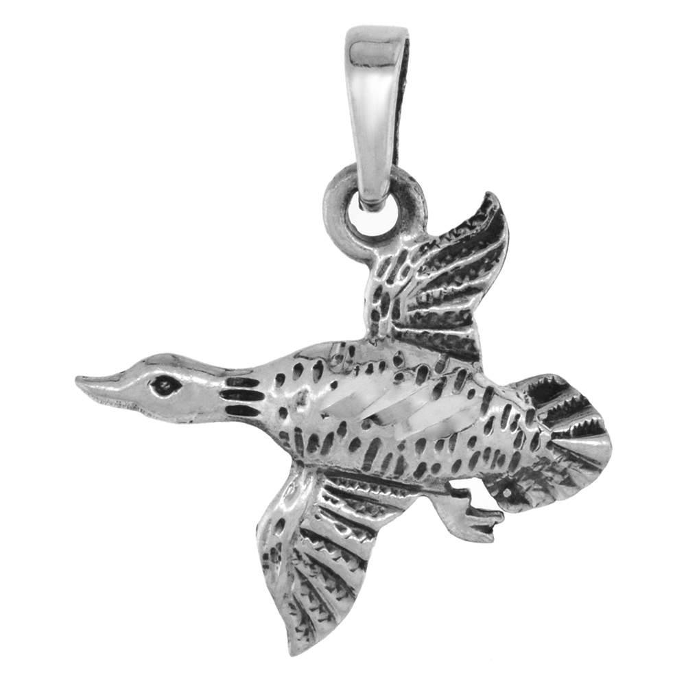 1 1/4 INCH STERLING SILVER FLYING DUCK PENDANT DIAMOND-CUT OXIDIZED FINISH NO CHAIN