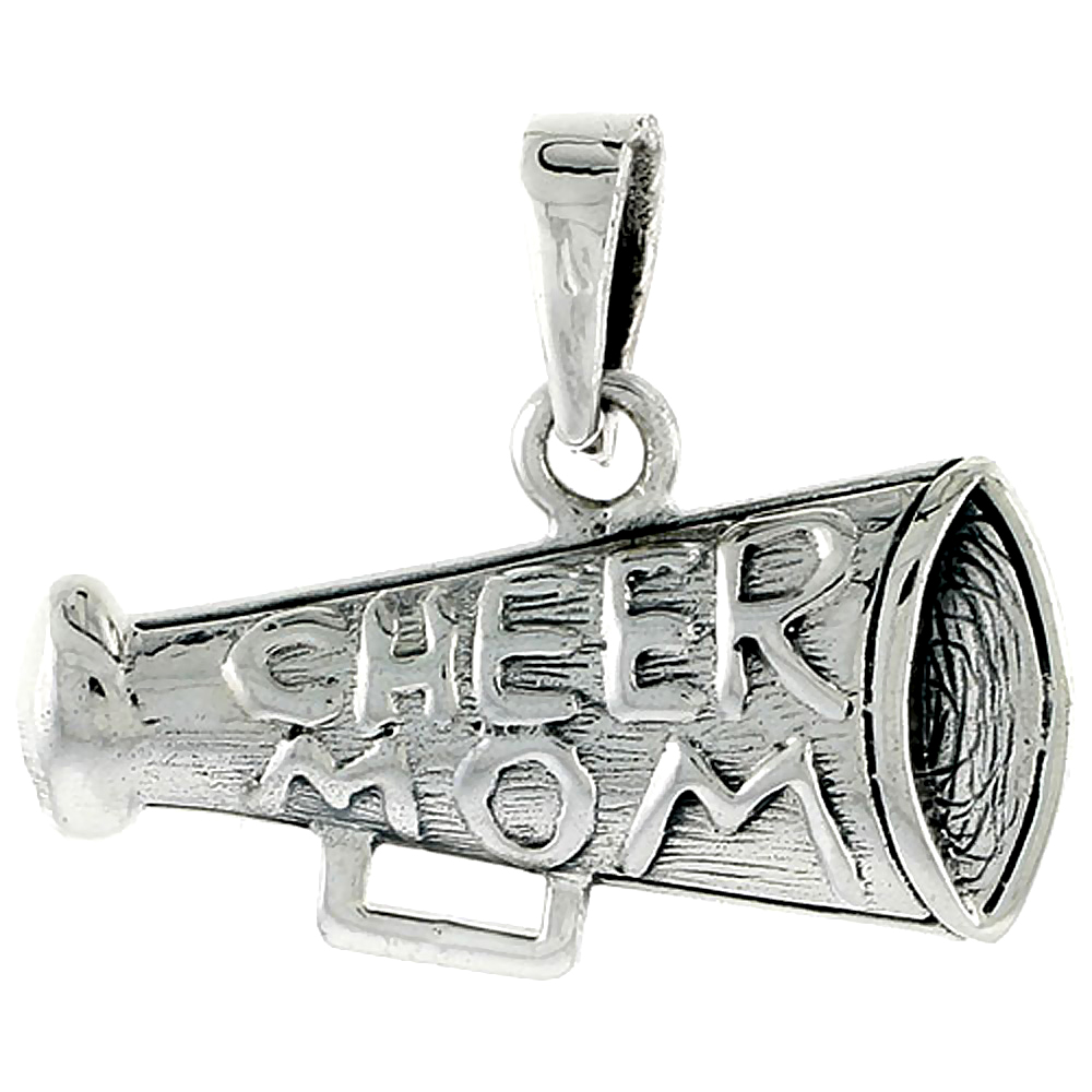 STERLING SILVER CHEER MOM ON MEGAPHONE WORD CHARM 3/8 INCH TALL