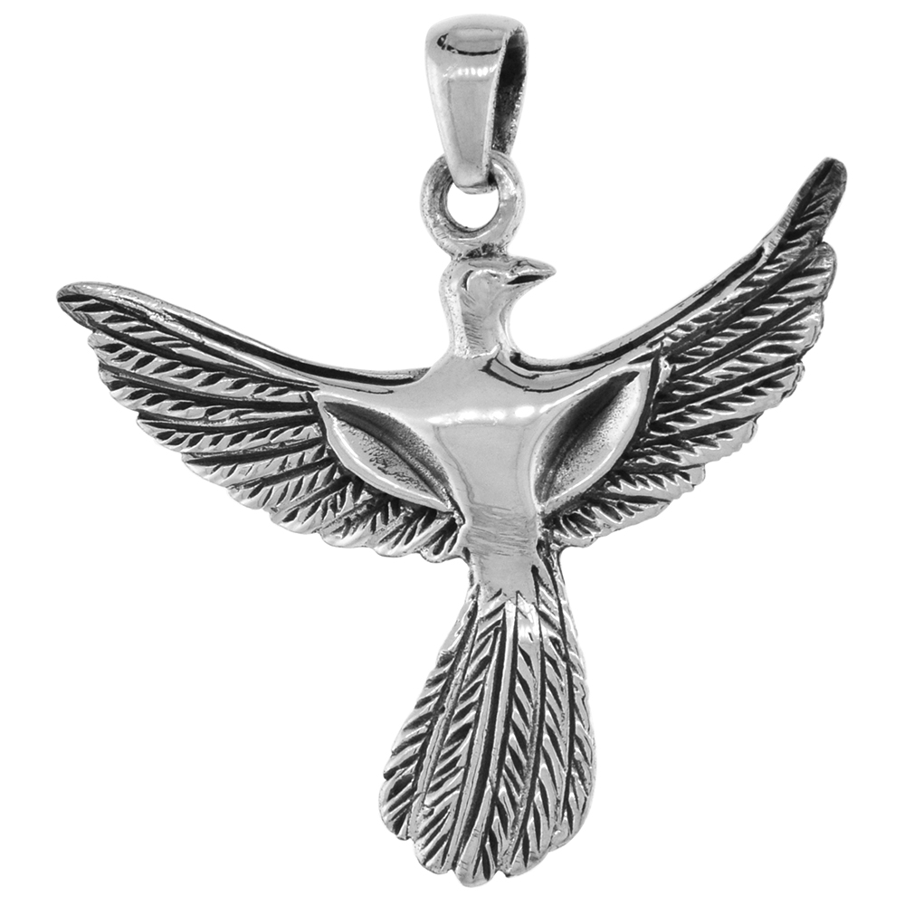 1 3/8 INCH STERLING SILVER RISING PHOENIX PENDANT 3-D DIAMOND-CUT OXIDIZED FINISH NO CHAIN