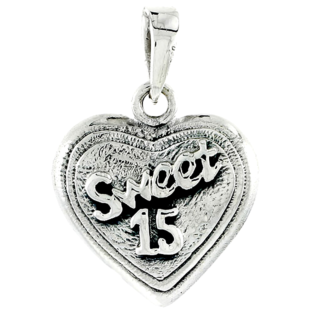 STERLING SILVER QUINCEANERA SWEET 15 HEART-SHAPED CHARM 7/8 INCH TALL