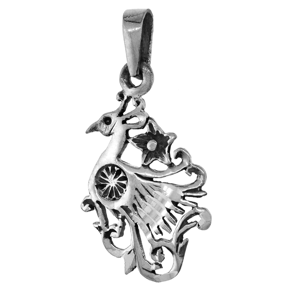 1 1/4 INCH STERLING SILVER PEACOCK PENDANT DIAMOND-CUT OXIDIZED FINISH NO CHAIN