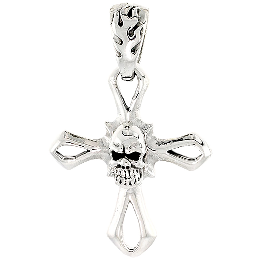 STERLING SILVER CROSS WITH SKULL CHARM 2 INCH TALL