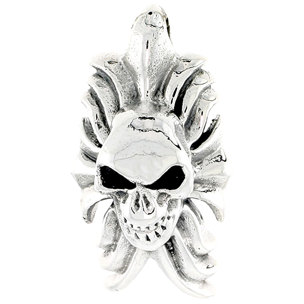 STERLING SILVER SKULL AND FLAMES CHARM 1 1/8 INCH TALL