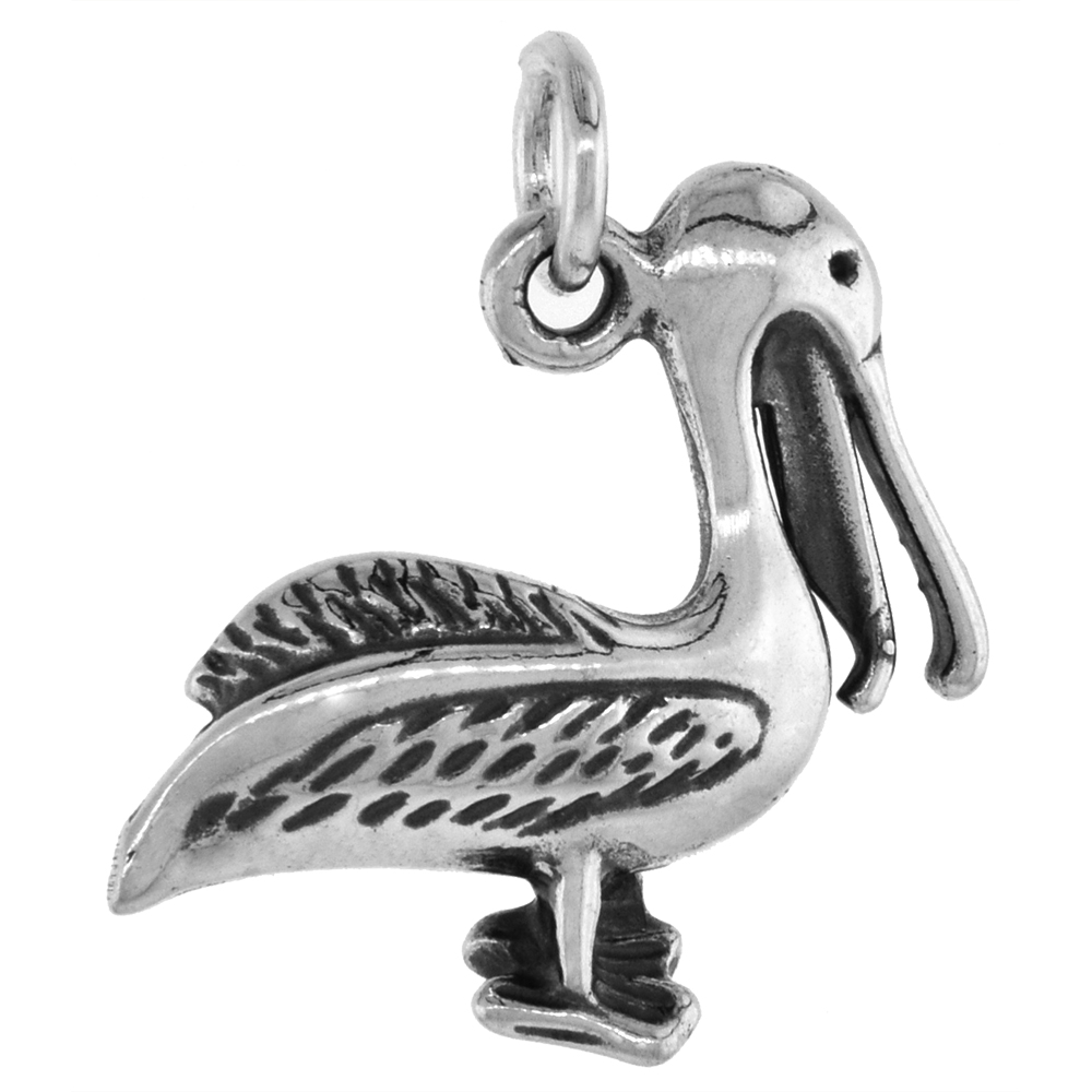 1 1/8 INCH STERLING SILVER STANDING PELICAN PENDANT DIAMOND-CUT OXIDIZED FINISH NO CHAIN