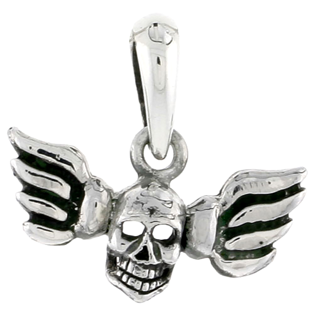 STERLING SILVER WINGED SKULL CHARM 3/4 INCH TALL