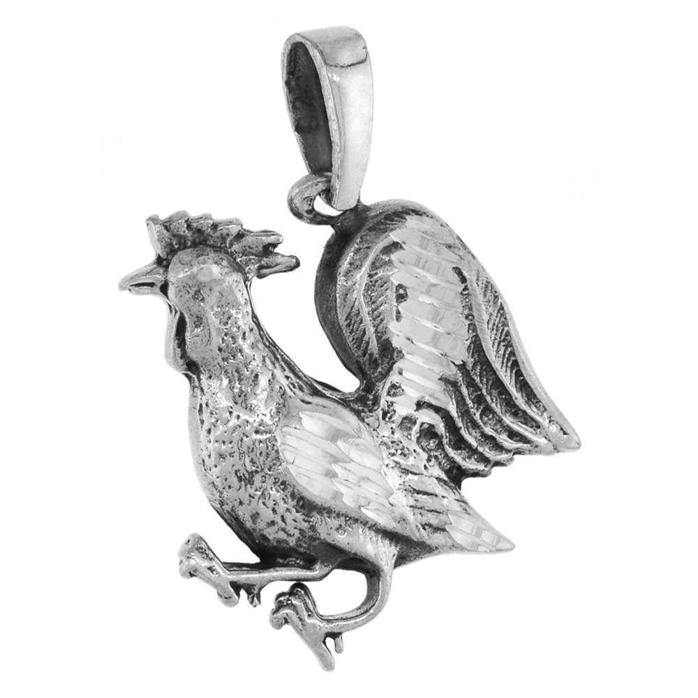 1 1/4 INCH STERLING SILVER JUMPING ROOSTER PENDANT DIAMOND-CUT OXIDIZED FINISH NO CHAIN