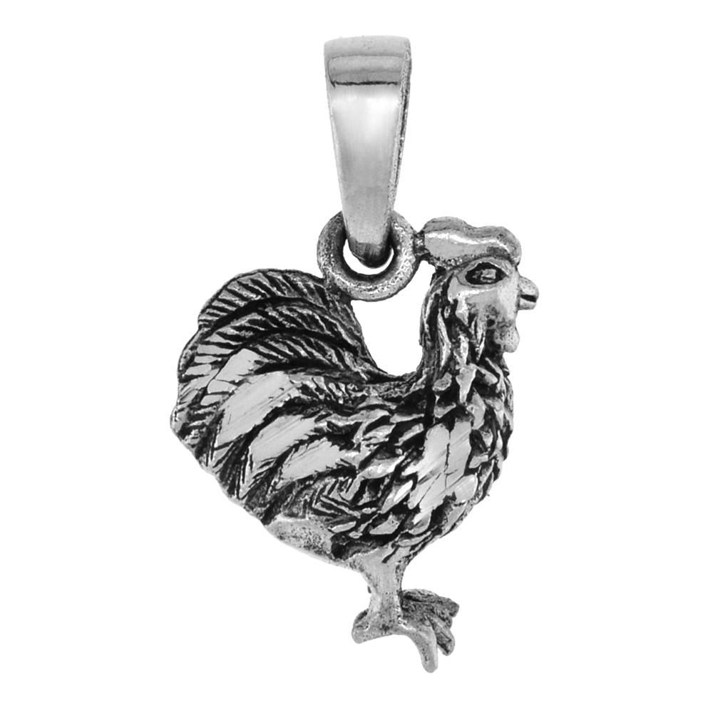 SMALL 3/4 INCH STERLING SILVER STANDING ROOSTER PENDANT FOR WOMEN3-D DIAMOND-CUT OXIDIZED FINISH NO CHAIN