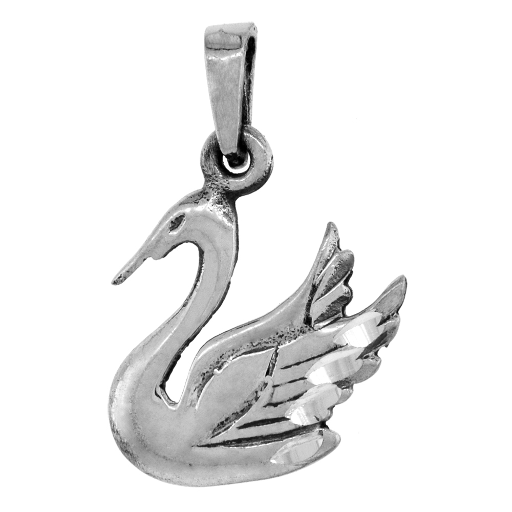 1 1/4 INCH STERLING SILVER SITTING SWAN PENDANT DIAMOND-CUT OXIDIZED FINISH NO CHAIN