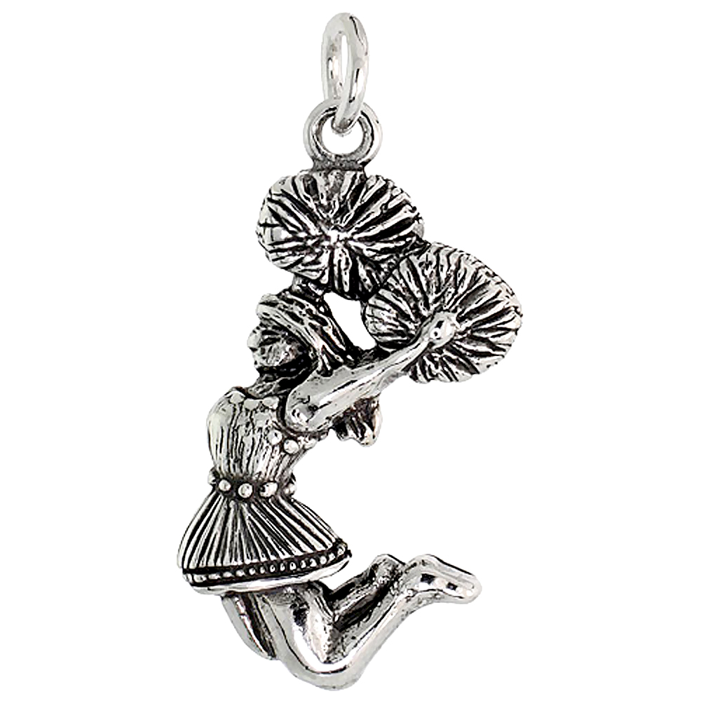 STERLING SILVER CHEERLEADER W/ POM-POMS CHARM 1 1/8 INCH TALL