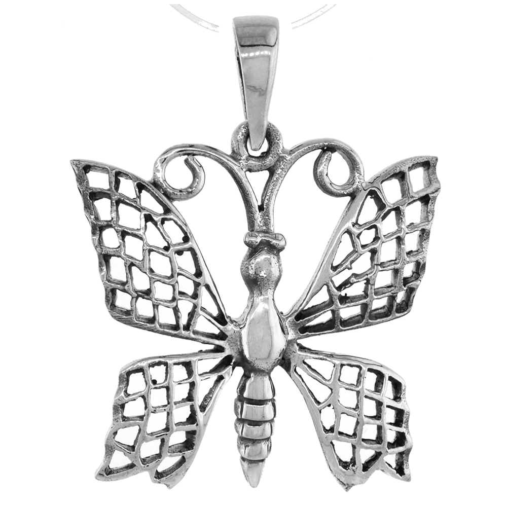 1 1/4 INCH STERLING SILVER BUTTERFLY PENDANT FOR WOMEN DIAMOND-CUT OXIDIZED FINISH NO CHAIN