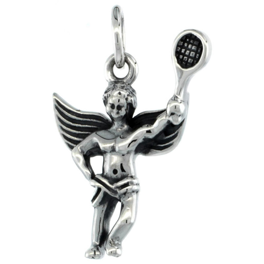 STERLING SILVER GUARDIAN ANGEL TENNIS PLAYER PENDANT ANTIQUE FINISH 7/8 INCH