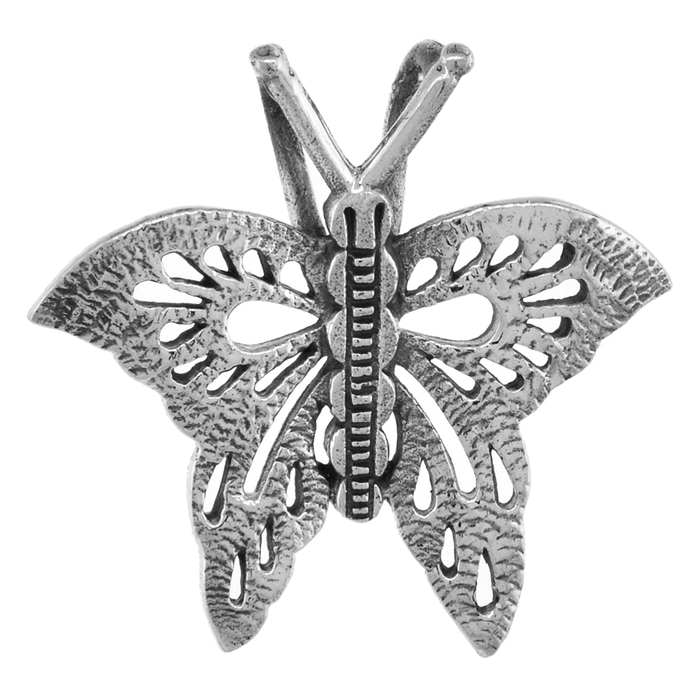 1 1/16 INCH STERLING SILVER BUTTERFLY PENDANT FOR WOMEN DIAMOND-CUT OXIDIZED FINISH NO CHAIN